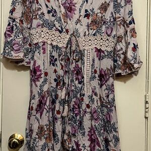 Blue Rain Floral Dress with Purple and Red Accents